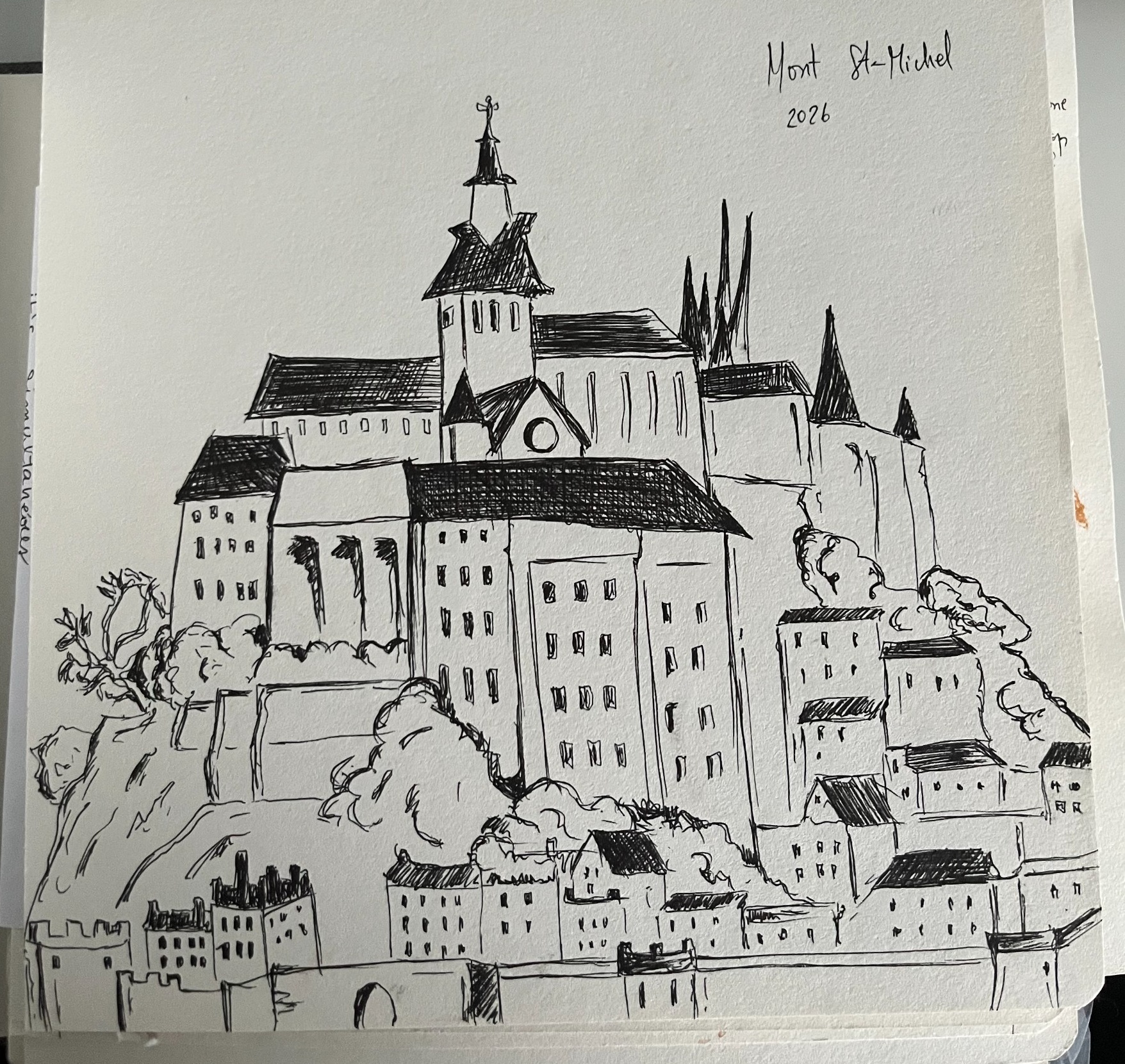 Intricate panoramic ink sketch of the Mont Saint-Michel abbey and its complex island architecture.